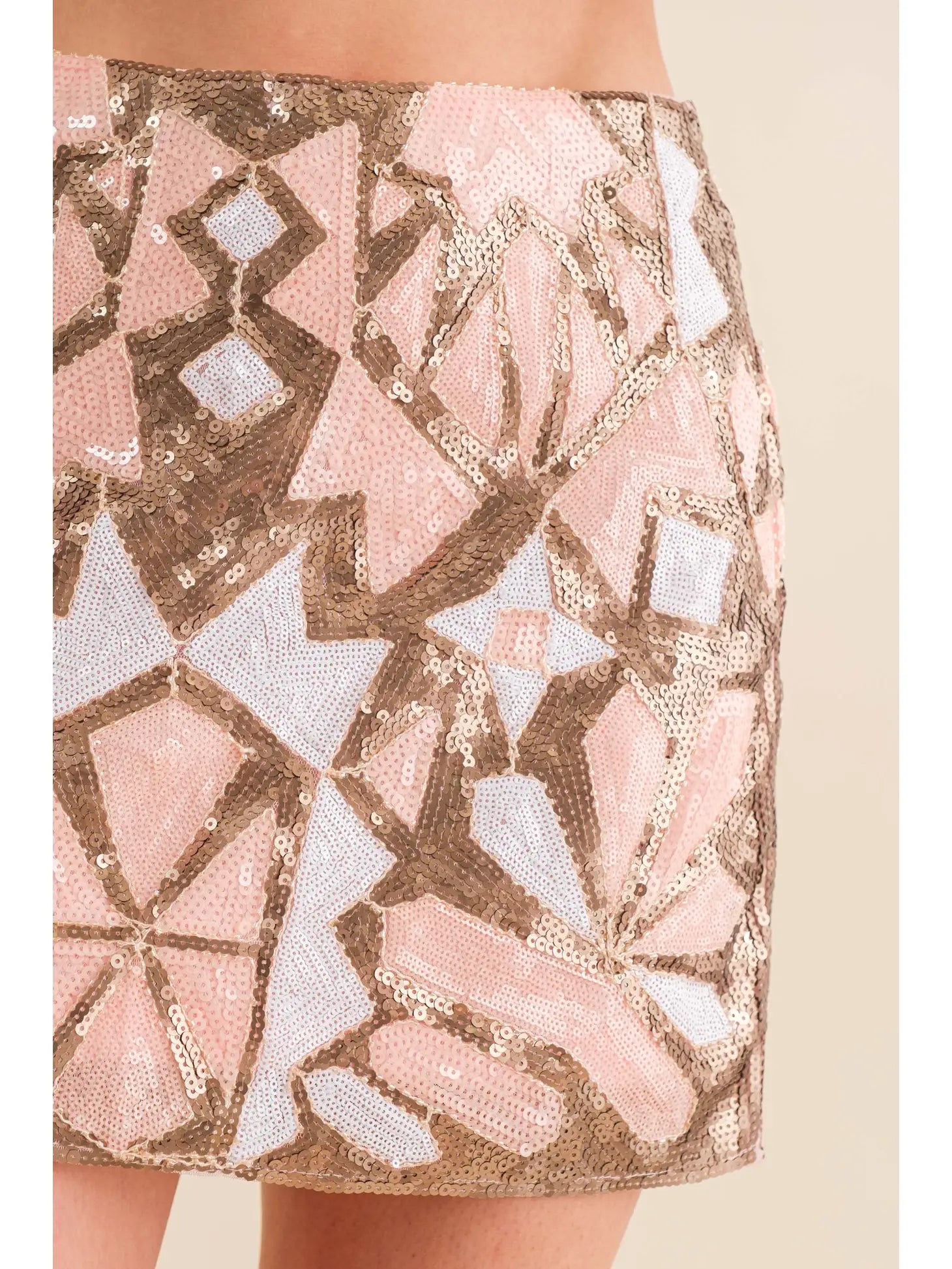 close up view of Geo Pattern Sequin Multi Color (pink, gold and white))Mini Skirt