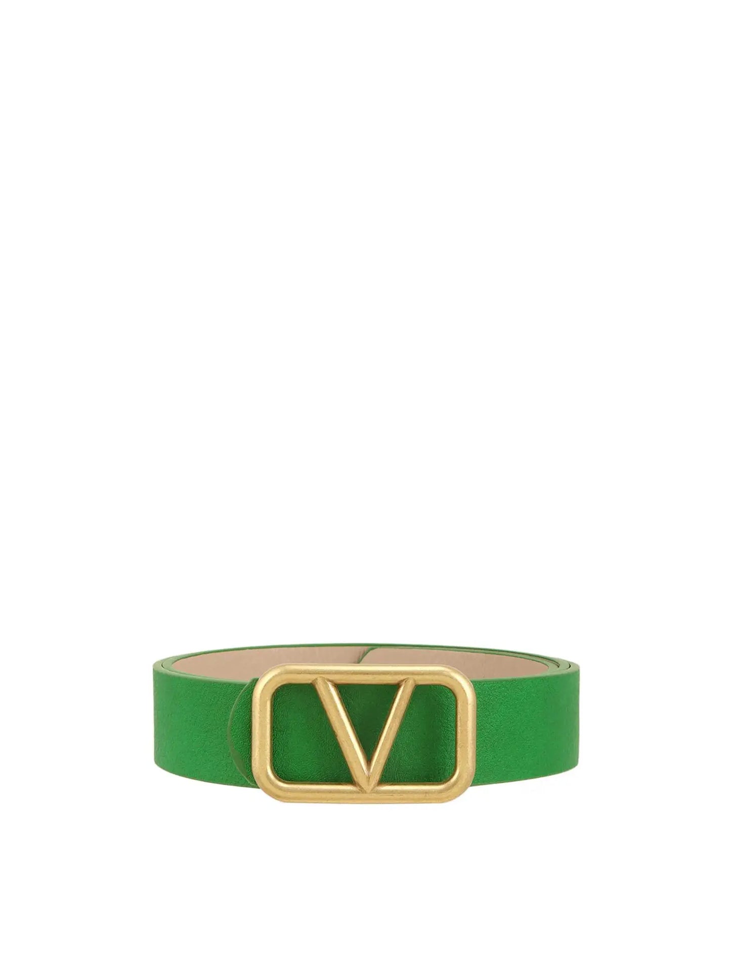 Green womens belt with Gold V surrounded by gold rectangle as the buckle