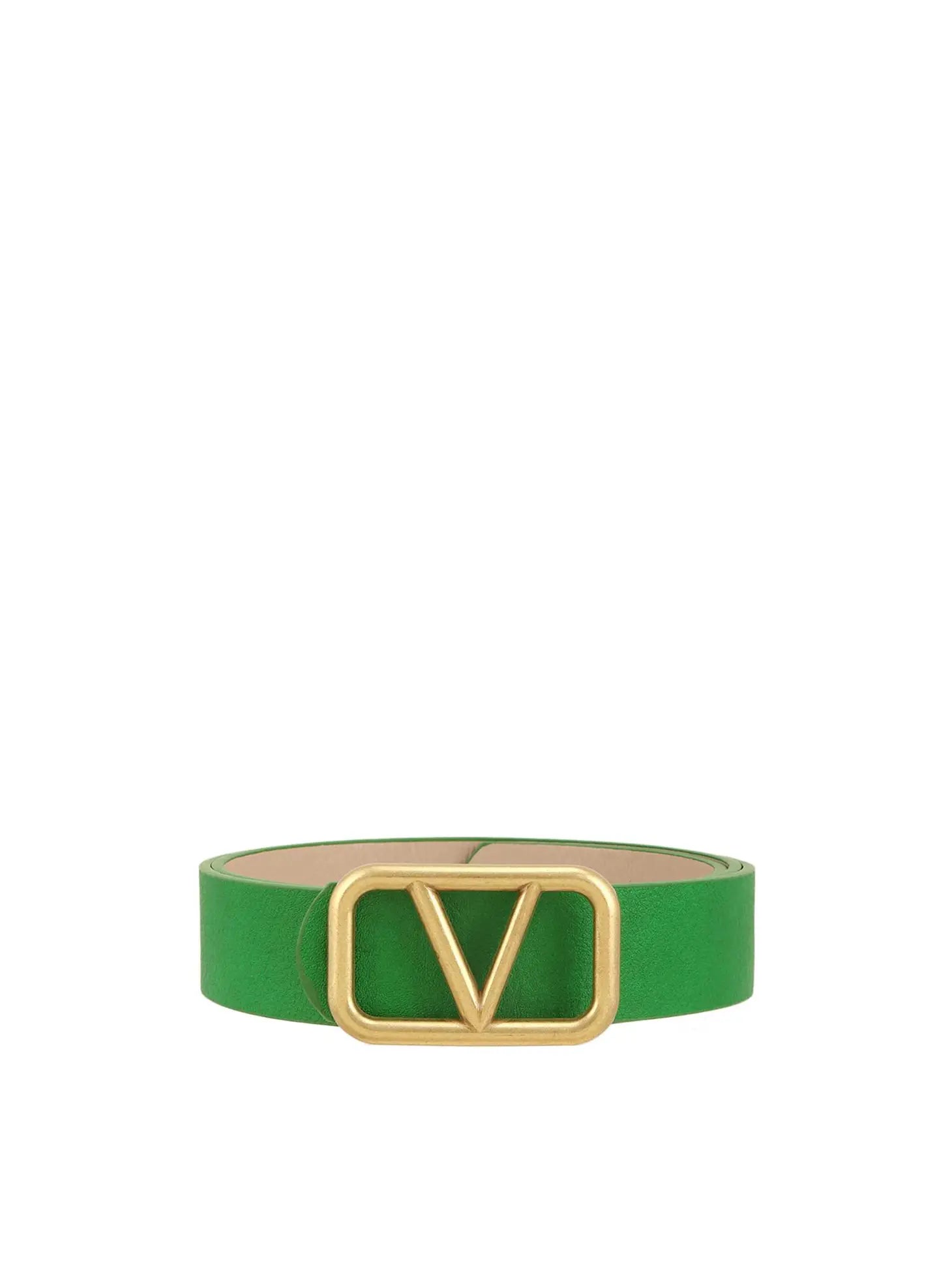 Green womens belt with Gold V surrounded by gold rectangle as the buckle