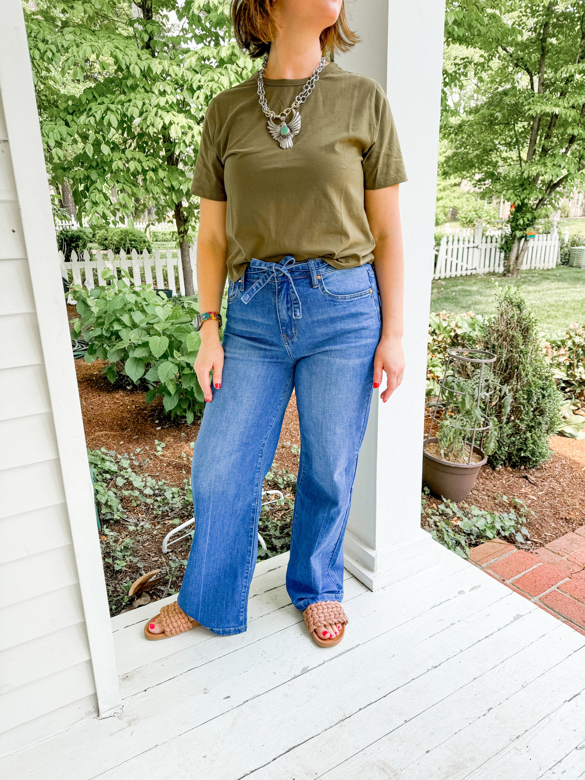 high rise wide leg jeans with denim belt