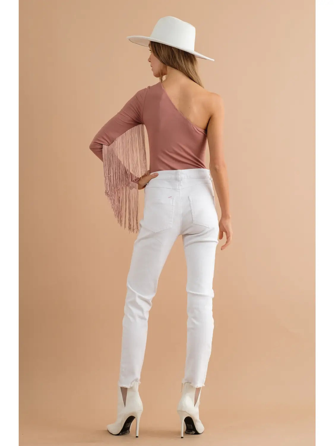 Rayon Span One Shoulder Fringe Bodysuit