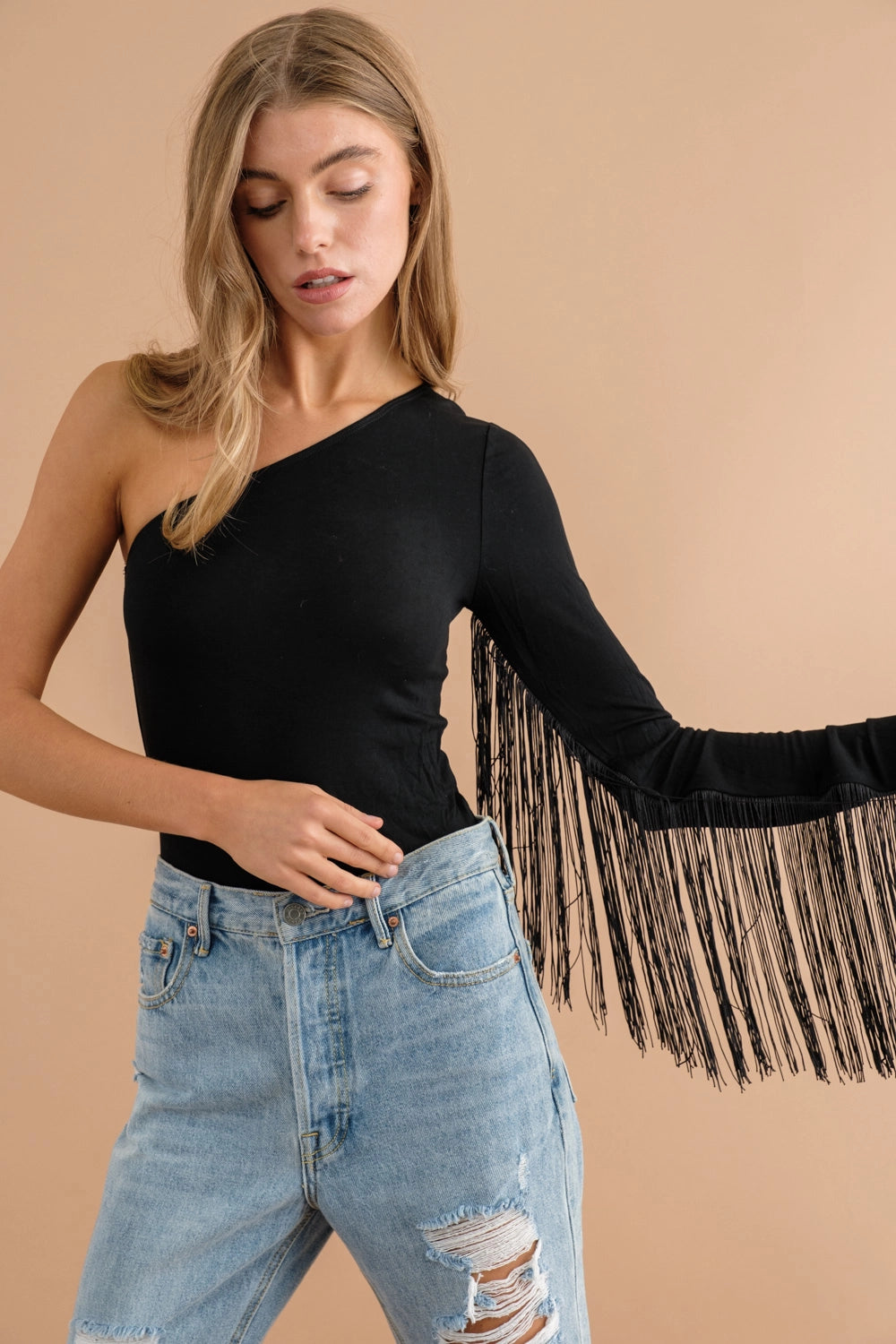 Rayon Span One Shoulder Fringe Bodysuit