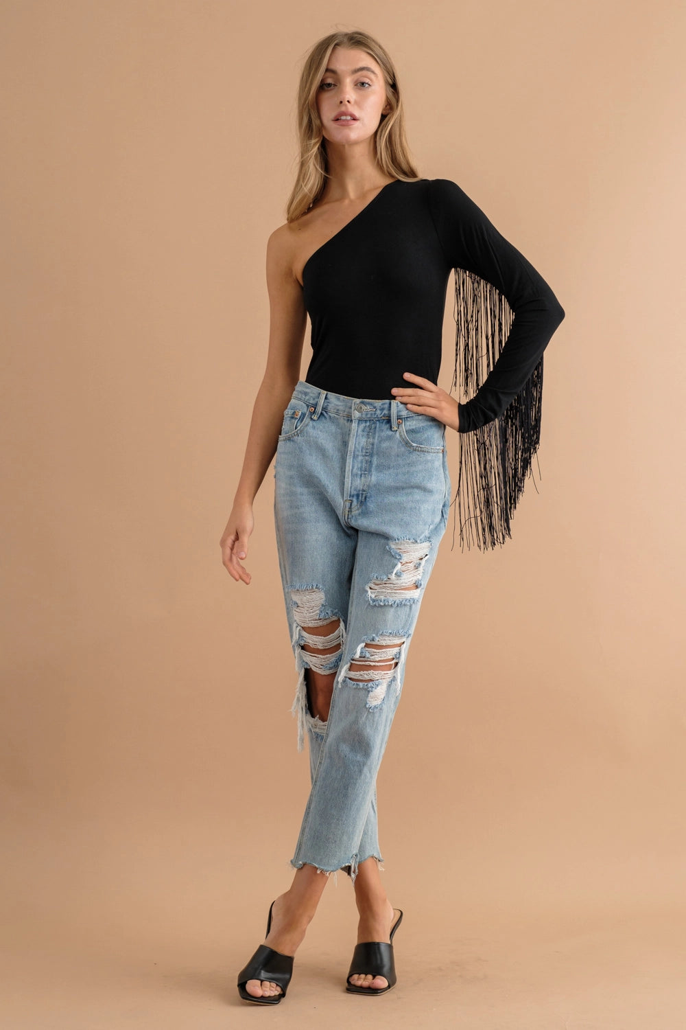 Rayon Span One Shoulder Fringe Bodysuit