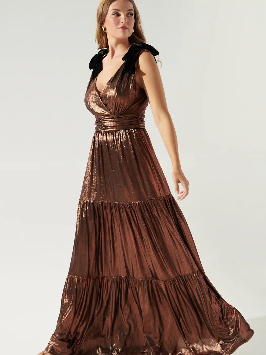 Liquid Satin Evening Maxi Dress in copper with black velvet bows on the sleeves