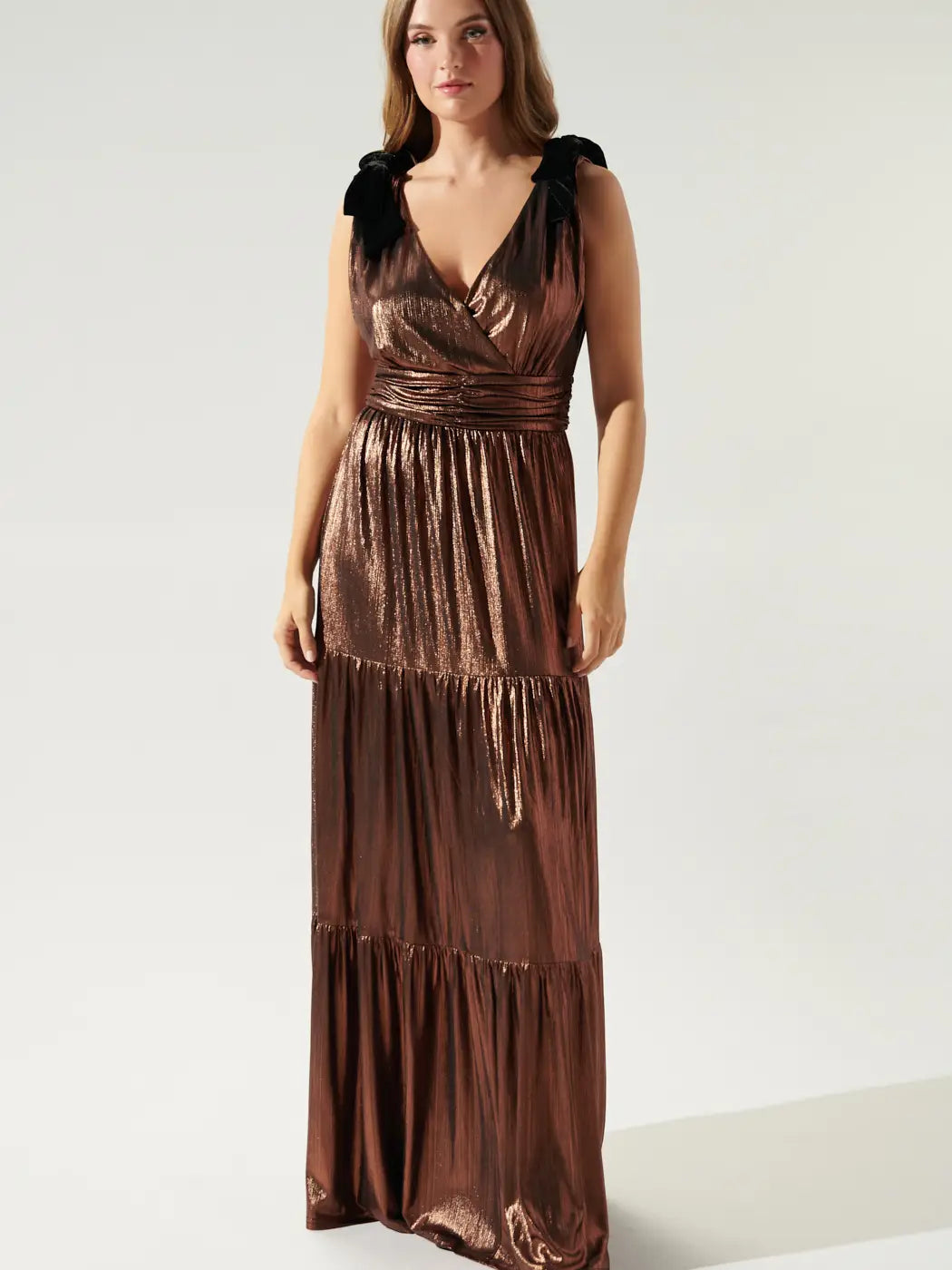 Liquid Satin Evening Maxi Dress in copper with black velvet bows on the sleeves