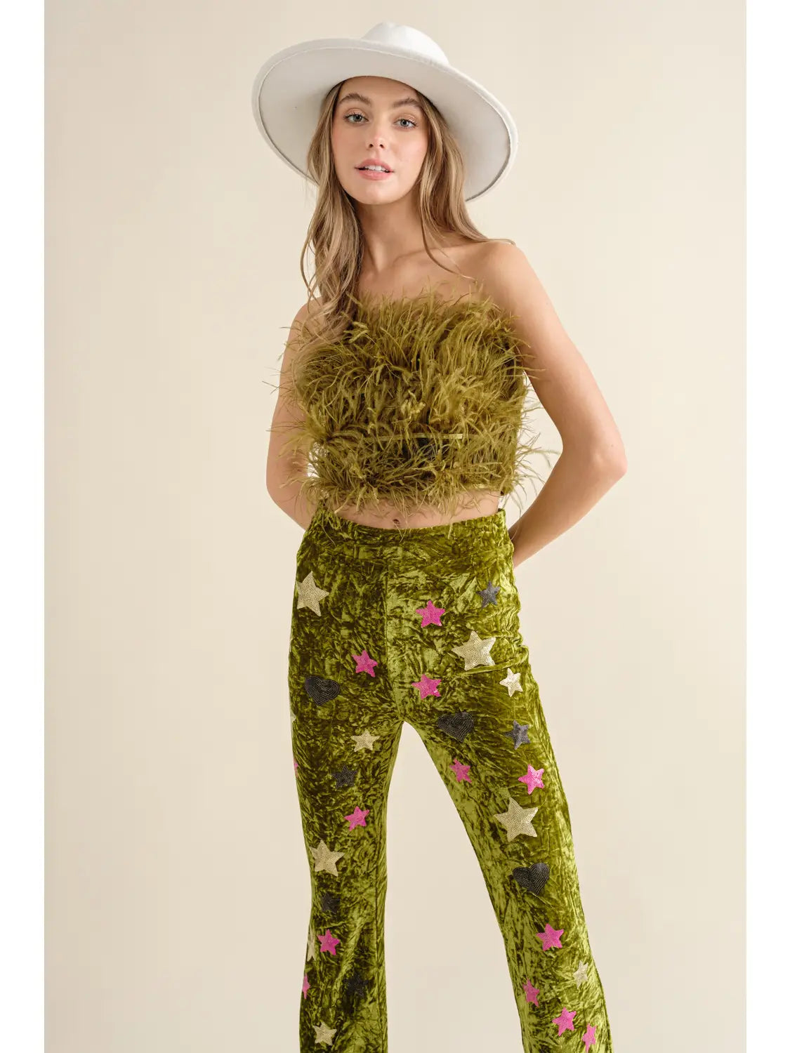 Creased Olive Velvet Sequin Embellished Heart Star Feather Crop Top with Stretch Bell Bottom Pants Set