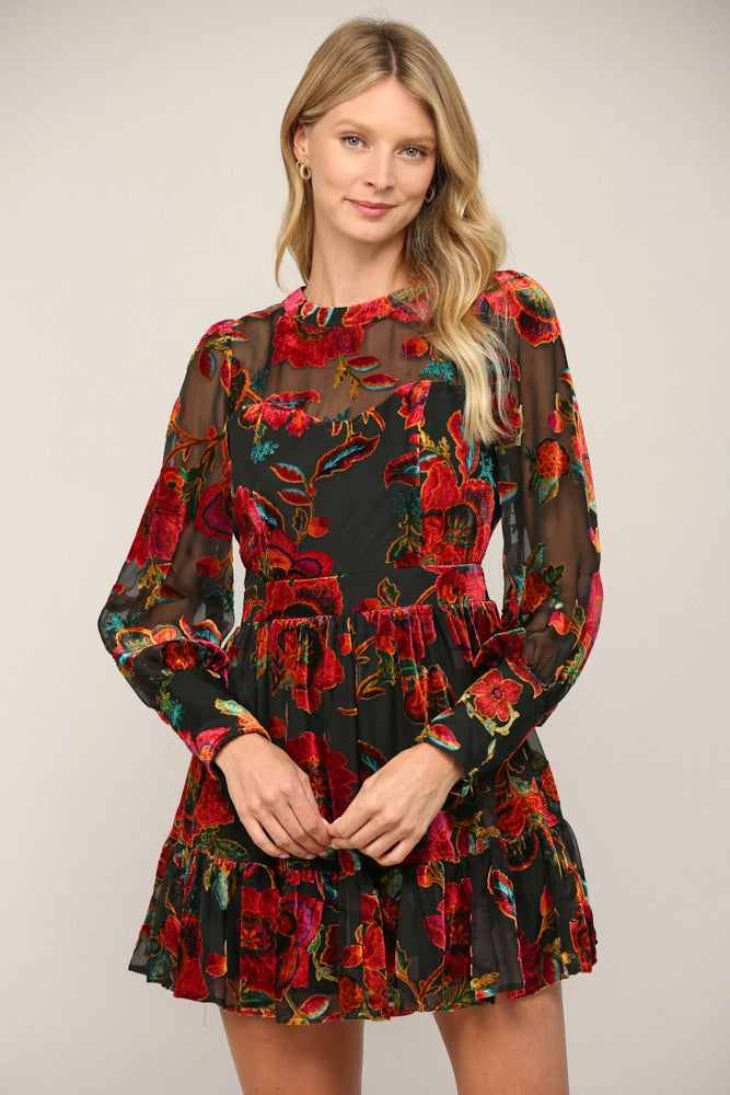 front view of womens FLORAL BURN OUT VELVET FLARE LONG SLEEVE DRESS with sheer sleeves and neckline