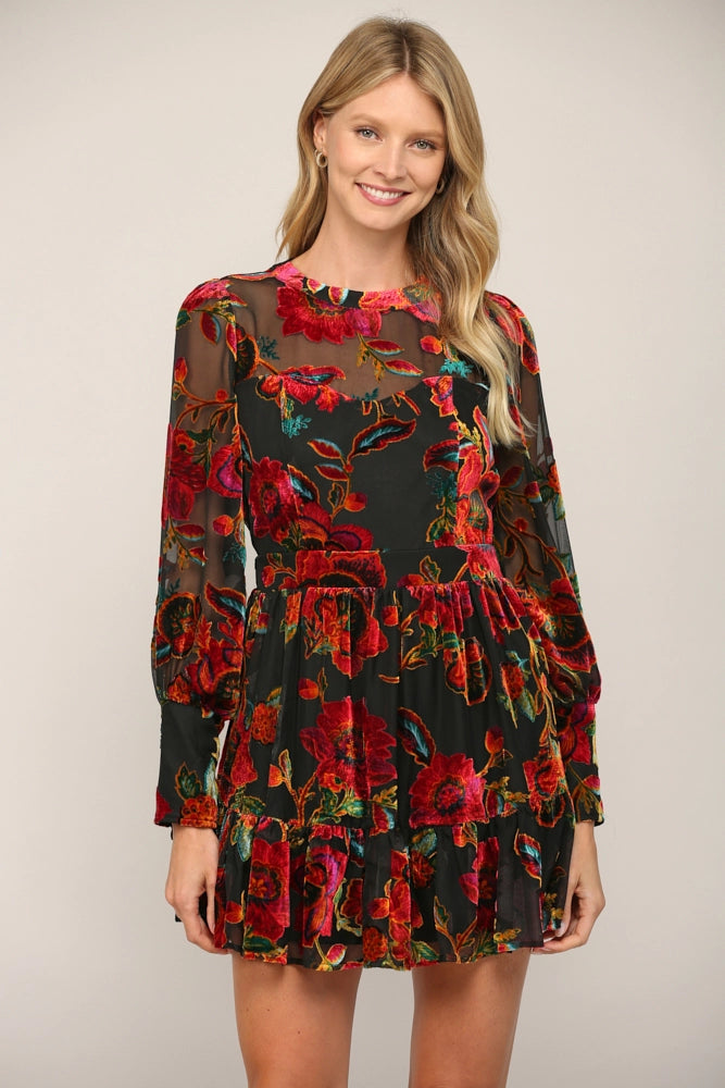 front view of womens FLORAL BURN OUT VELVET FLARE LONG SLEEVE DRESS with sheer sleeves and neckline