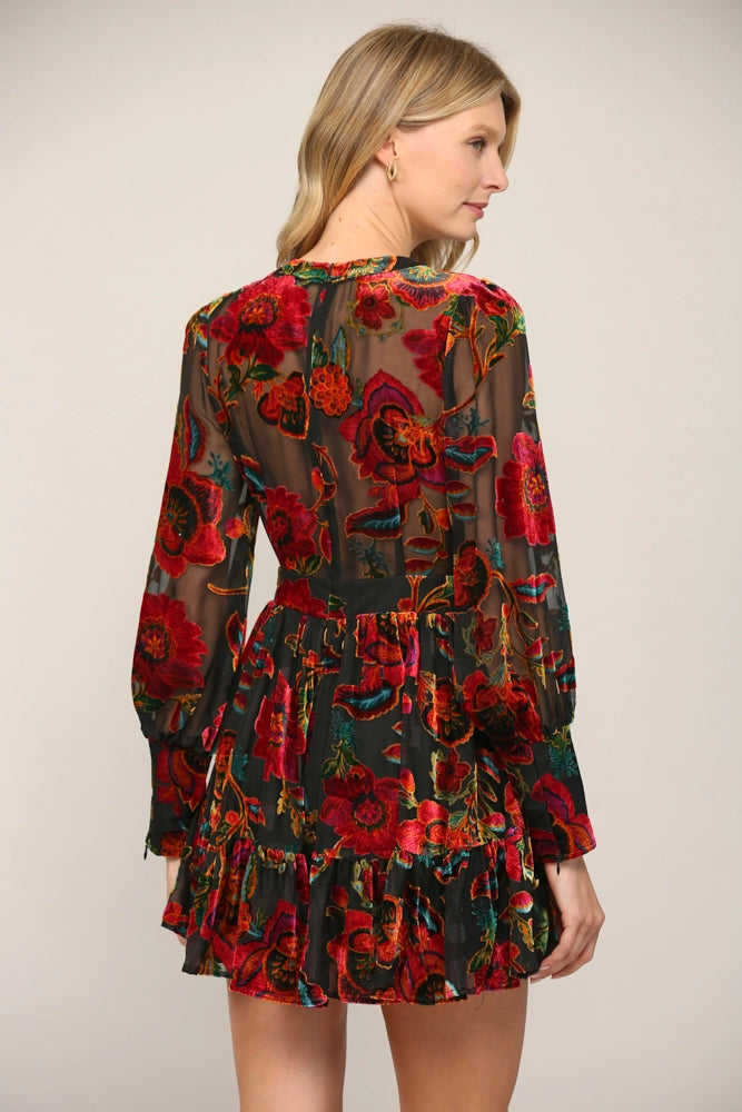 back view of womens FLORAL BURN OUT VELVET FLARE LONG SLEEVE DRESS with sheer upper back and sleeves