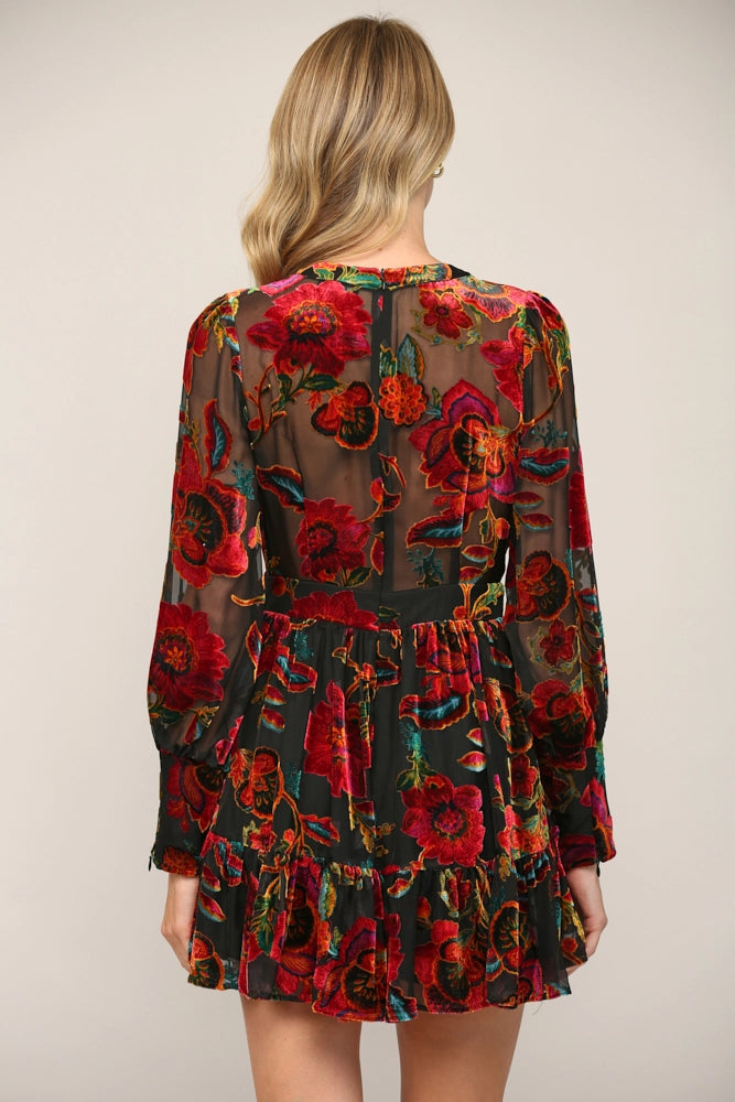 back view of womens FLORAL BURN OUT VELVET FLARE LONG SLEEVE DRESS with sheer sleeves and upper back