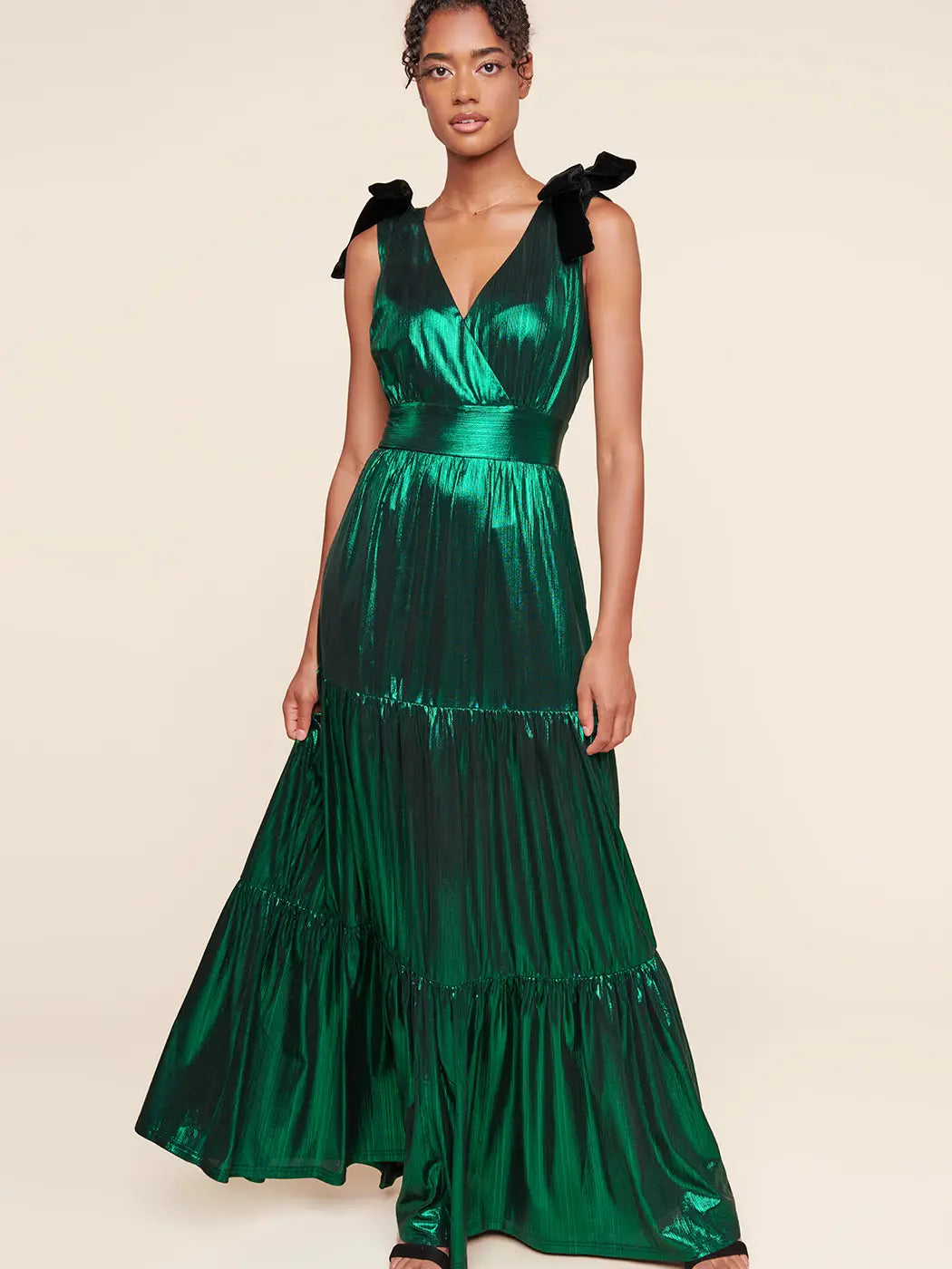 Liquid Satin Evening Maxi Dress in emerald with black velvet bows on the sleeves - full front view