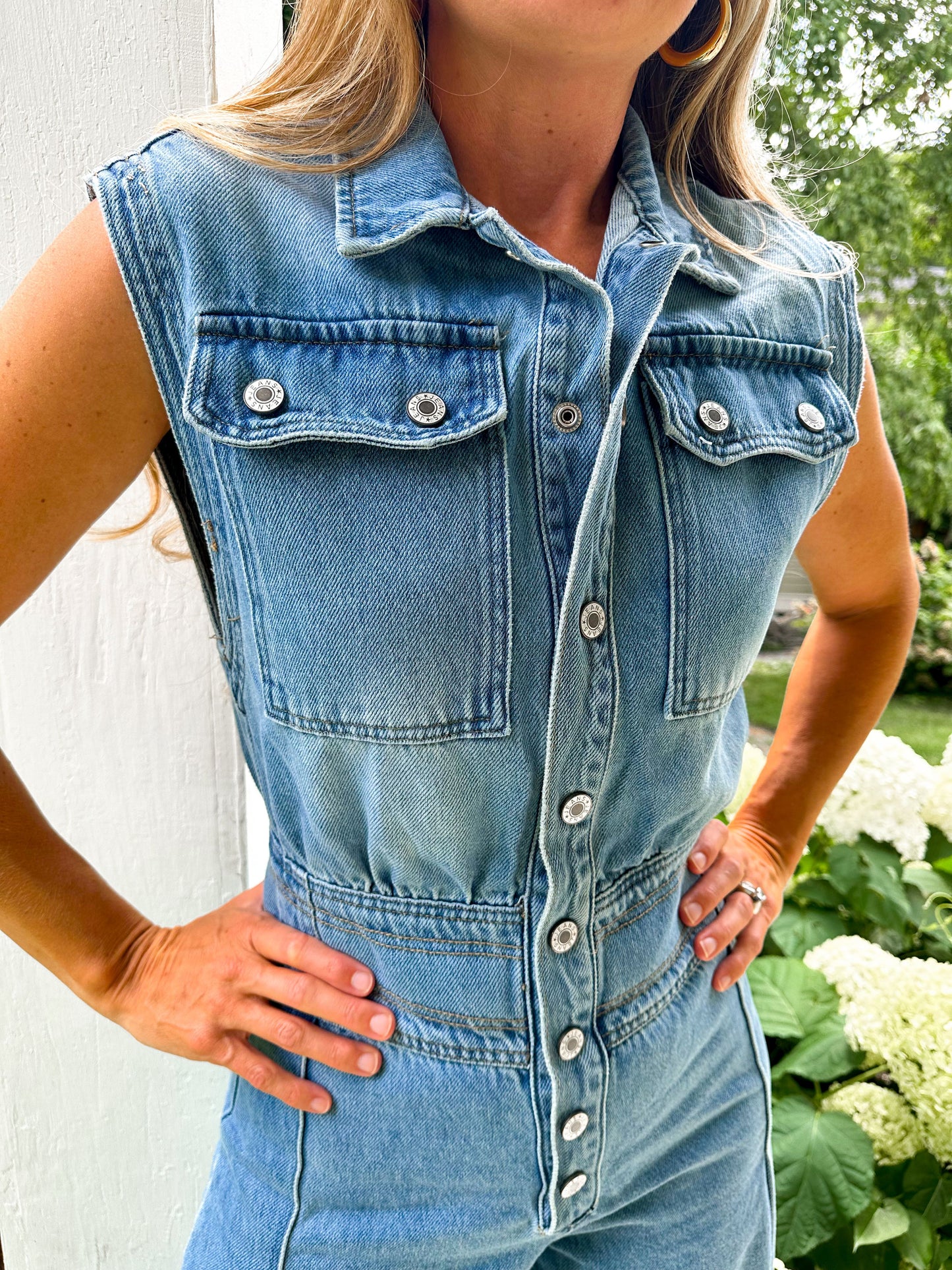 Denim Button Down Sleeveless Jumpsuit