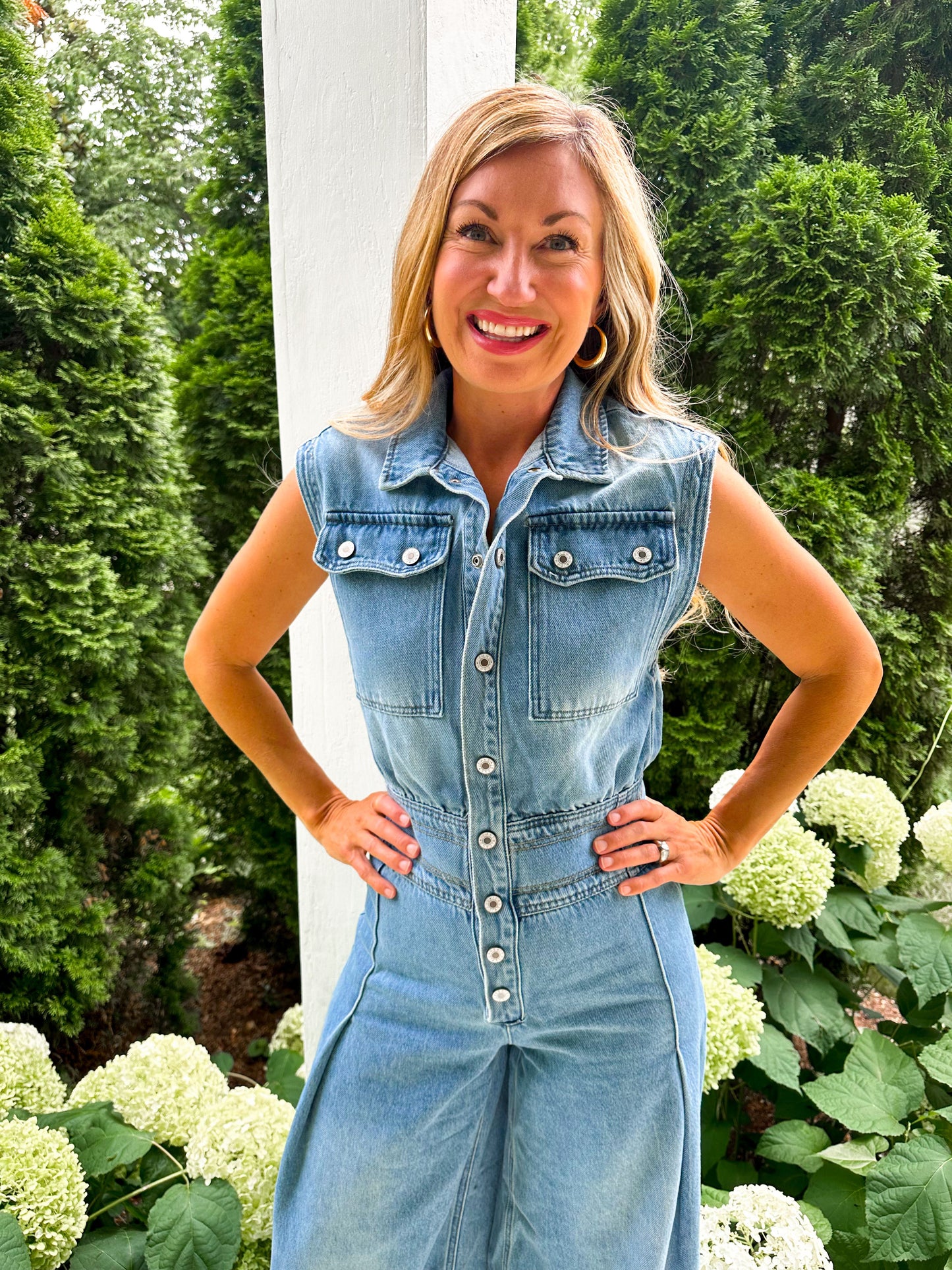 Denim Button Down Sleeveless Jumpsuit