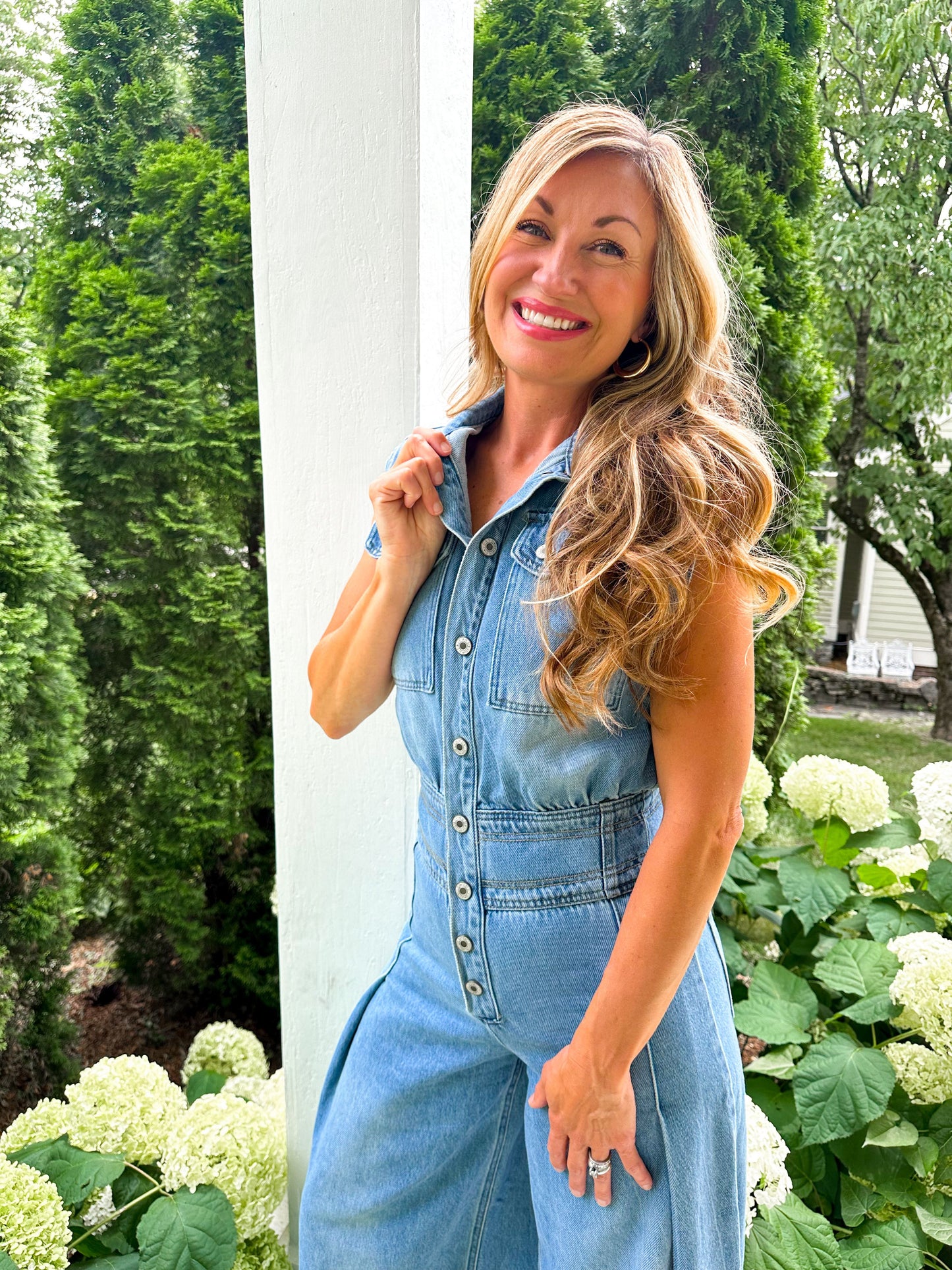 Denim Button Down Sleeveless Jumpsuit