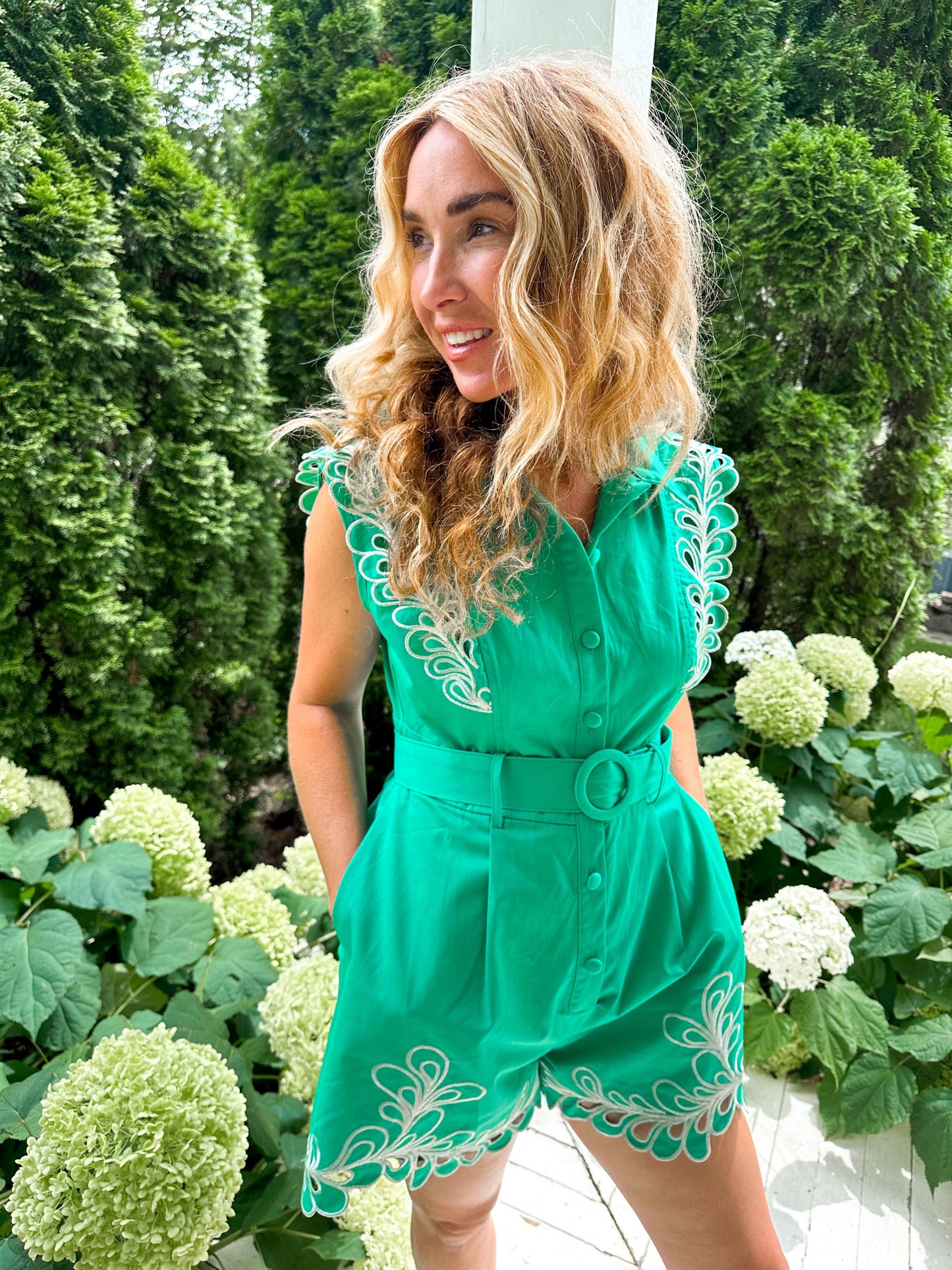 Kelly Green Embroidered Romper