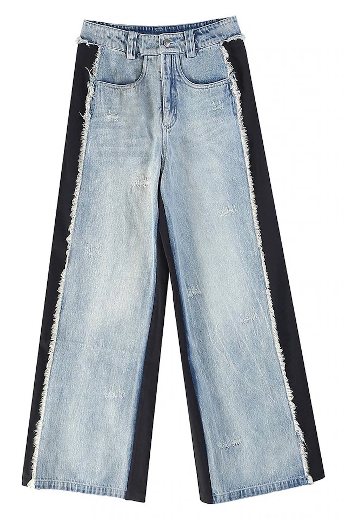 front view of womens Fly front, frayed seam edges, woven back, and pockets jeans